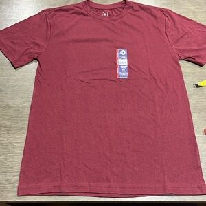 Measurements in the pictures of a new cranberry colored men’s tshirt.